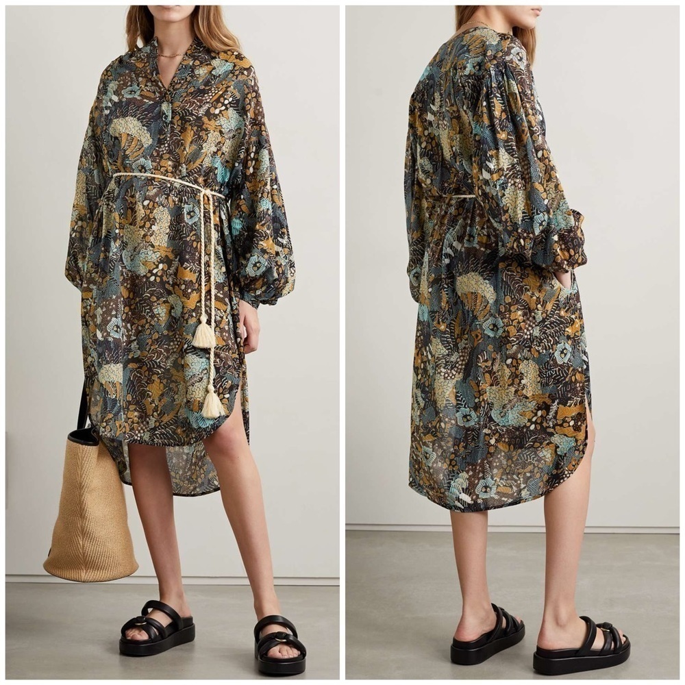 Ulla Johnson Agadir Midi Dress Cover Up Belted Printed Voile Sz Petite